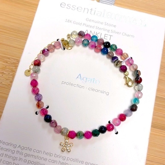 Essential Ritual Genuine Stone 18k Gold Plated Sterling Silver Charm Anklet - Picture 4 of 15